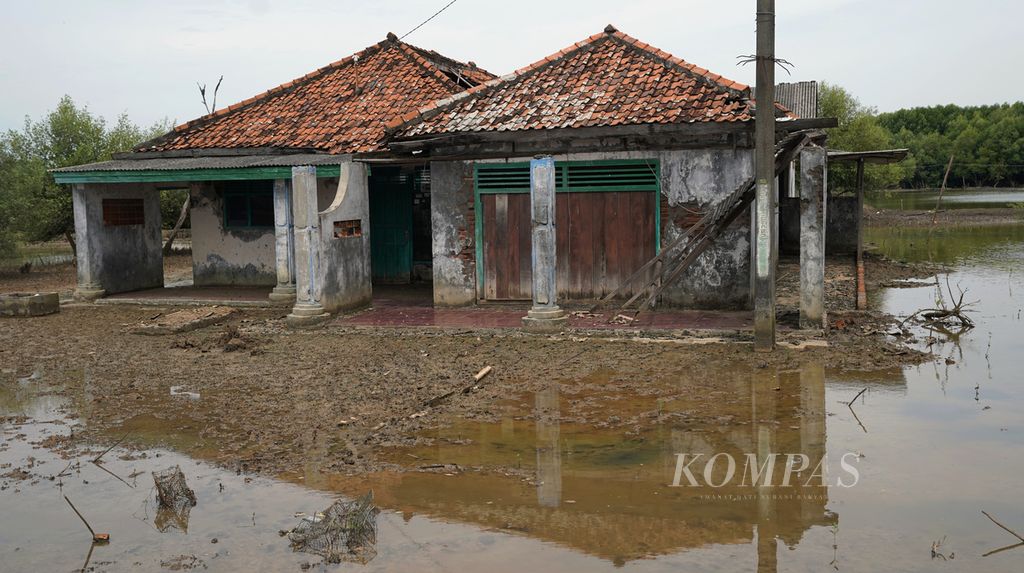 Hunian warga yang ditinggalkan akibat penurunan muka tanah di Kampung Beting, Desa Pantai bahagia, Kecamatan Muaragembong, Kabupaten Bekasi, Jawa Barat, Kamis (27/10/2022). 