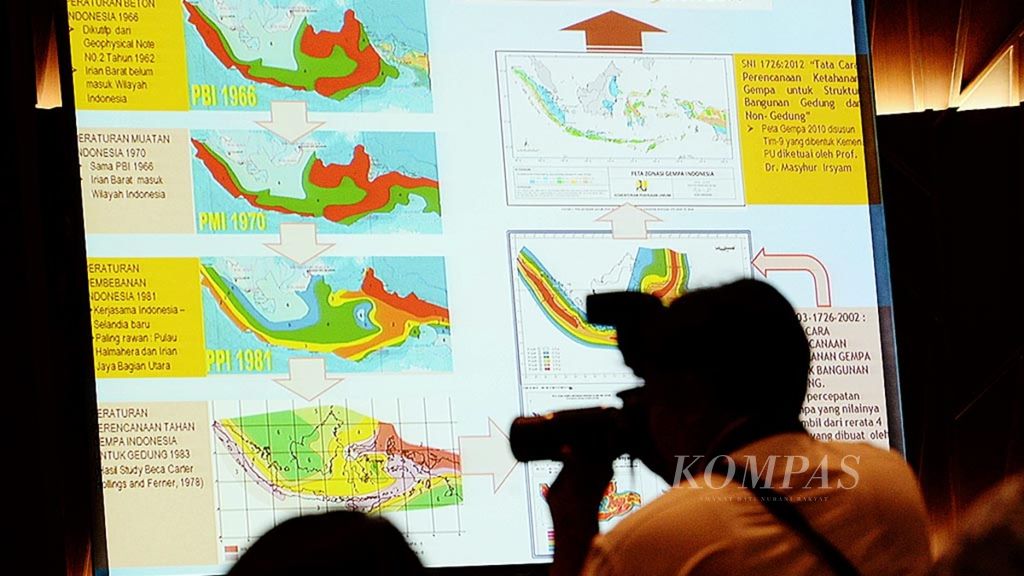 Kementerian Pekerjaan Umum dan Perumahan Rakyat (PUPR) meluncurkan Peta Sumber dan Bahaya Gempa Indonesia tahun 2017 di Gedung Auditorium Kementerian PUPR, Jakarta, Senin (4/9/2017). Terdapat penambahan jumlah sesar (patahan) dari 81 sesar aktif pada Peta Tahun 2010 menjadi 295 sesar aktif pada peta 2017. 