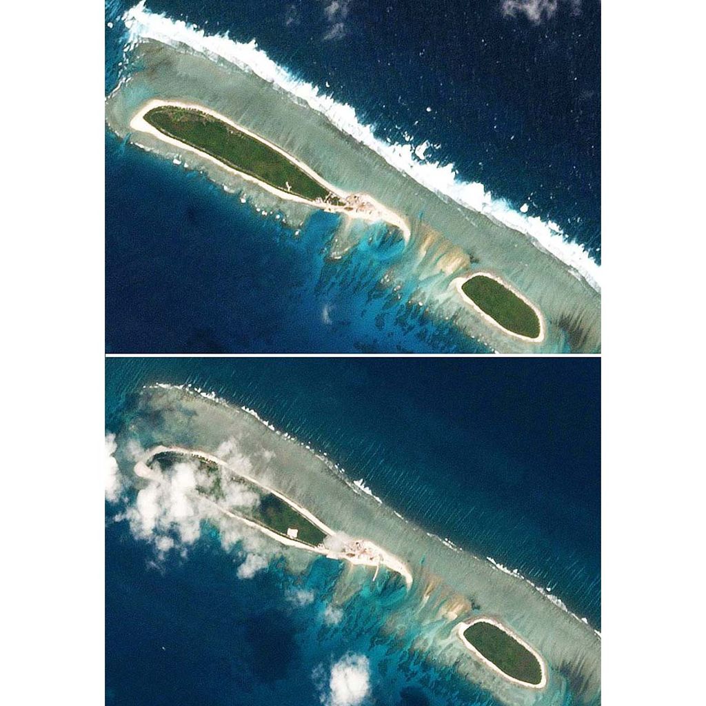 Gabungan dua foto   satelit memperlihatkan Pulau Utara yang dikontrol China, bagian dari gugusan Kepulauan Paracel di Laut China Selatan, pada 15 Februari 2017 (atas) dan pada 6 Maret 2017 (bawah).