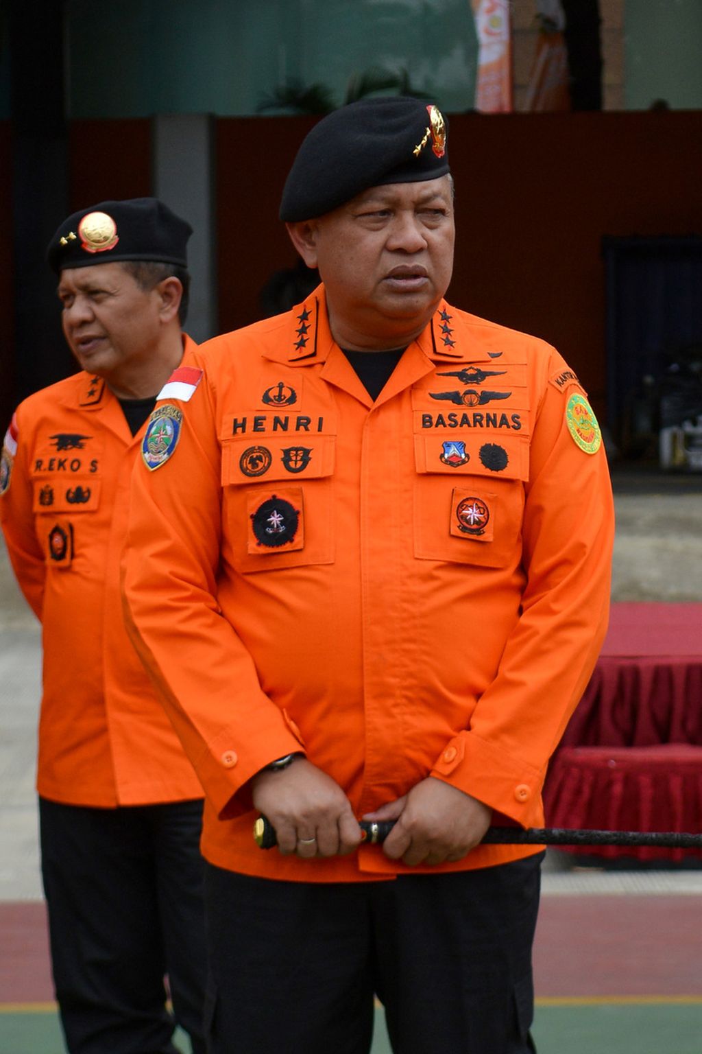 Head of the National Search and Rescue Agency Air Marshal TNI Henri Alfiandi (right) attended the departure ceremony of the INASAR team at the Basarnas Field, Central Jakarta, Friday (10/2/2023).