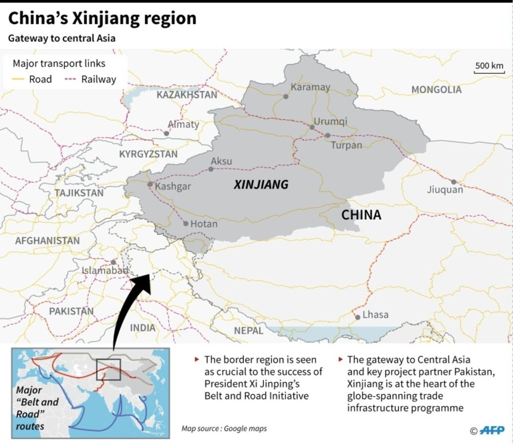 Rute transportasi utama Sabuk dan Jalan melalui wilayah Xinjiang, China