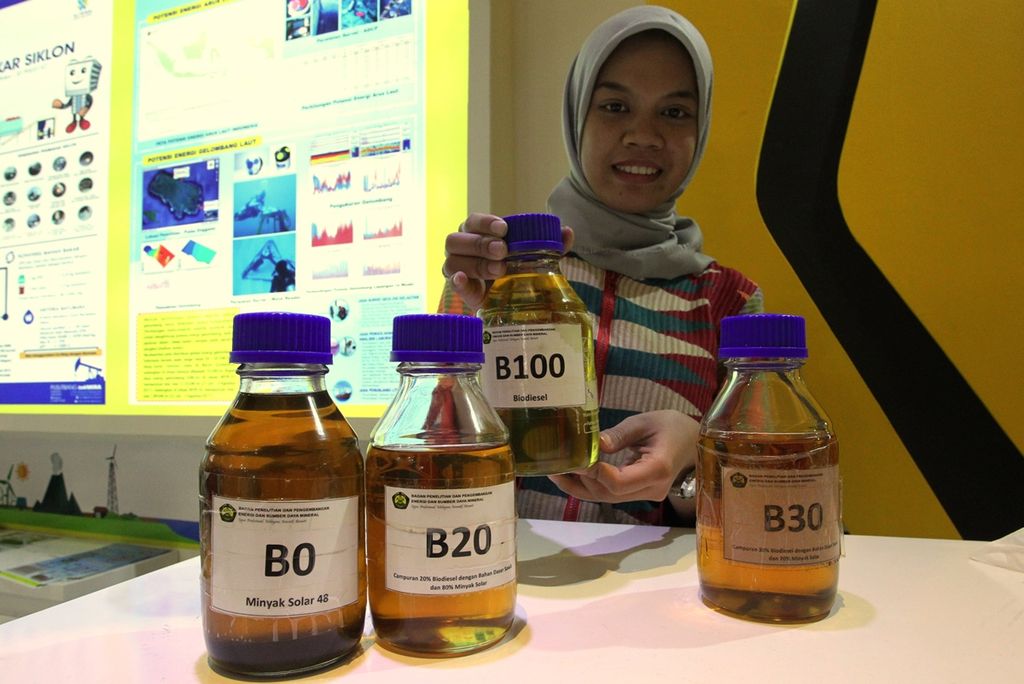 Petugas stan pameran energi terbarukan menjelaskan kepada pengunjung tentang contoh bahan bakar nabati (BO, B20, B30 dan B100) dalam pameran JIEXPO, Kemayoran, Jakarta, Rabu (6/11/2019).