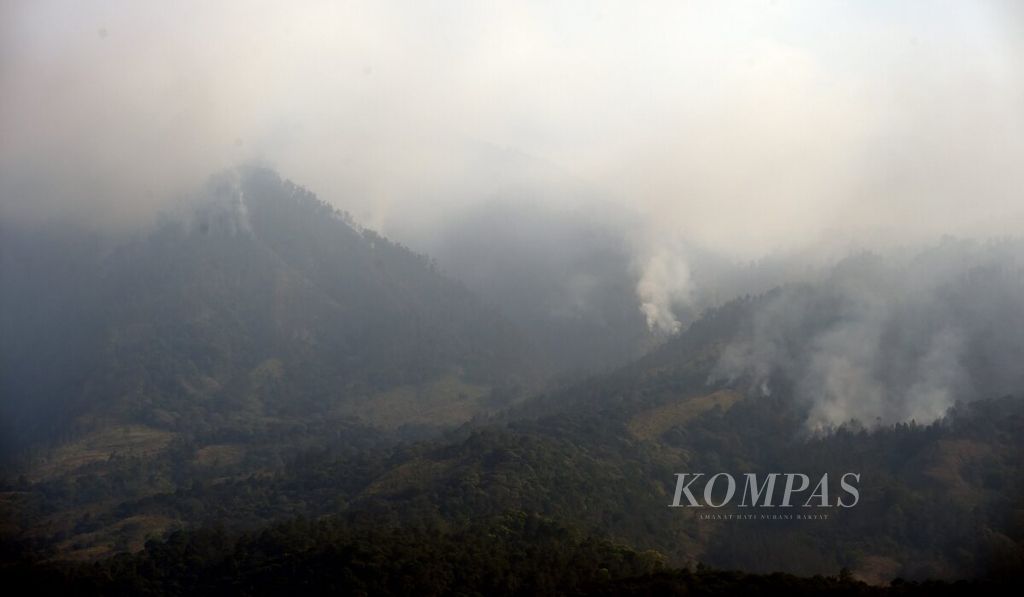Sejumlah titik kebakaran hutan dan lahan Gunung Arjuno terlihat dari Kecamatan Prigen, Kabupaten Pasuruan, Selasa (5/9/2023). 