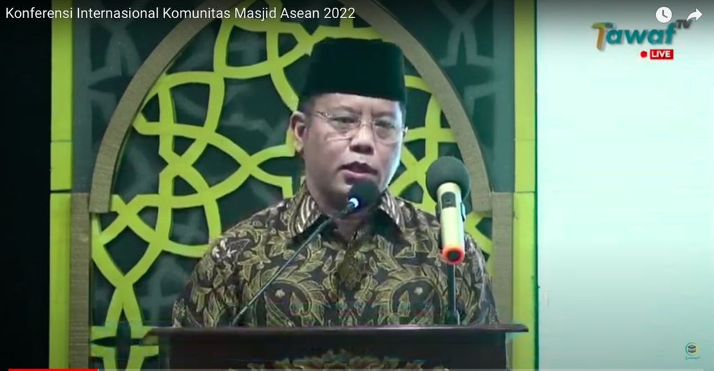 Direktur Jenderal Bimbingan Masyarakat Islam Kementerian Agama RI Kamaruddin Amin dalam sambutannya pada Konferensi Internasional Komunitas Masjid ASEAN Tahun 2022 di Gedung DMI, Jakarta Timur, Rabu (20/7/2022).