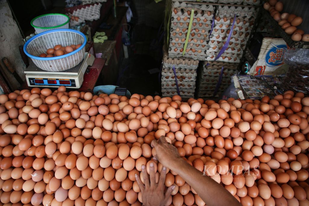 Pedagang menata telur ayam ras di Pasar Palmerah, Jakarta, Senin (4/3/2024). Harga telur ayam ras cukup tinggi, yaitu Rp 32.000 per kilogram. Kenaikan harga telur tidak hanya dikeluhkan pembeli, tetapi juga penjual, karena menurunnya daya beli masyarakat.
