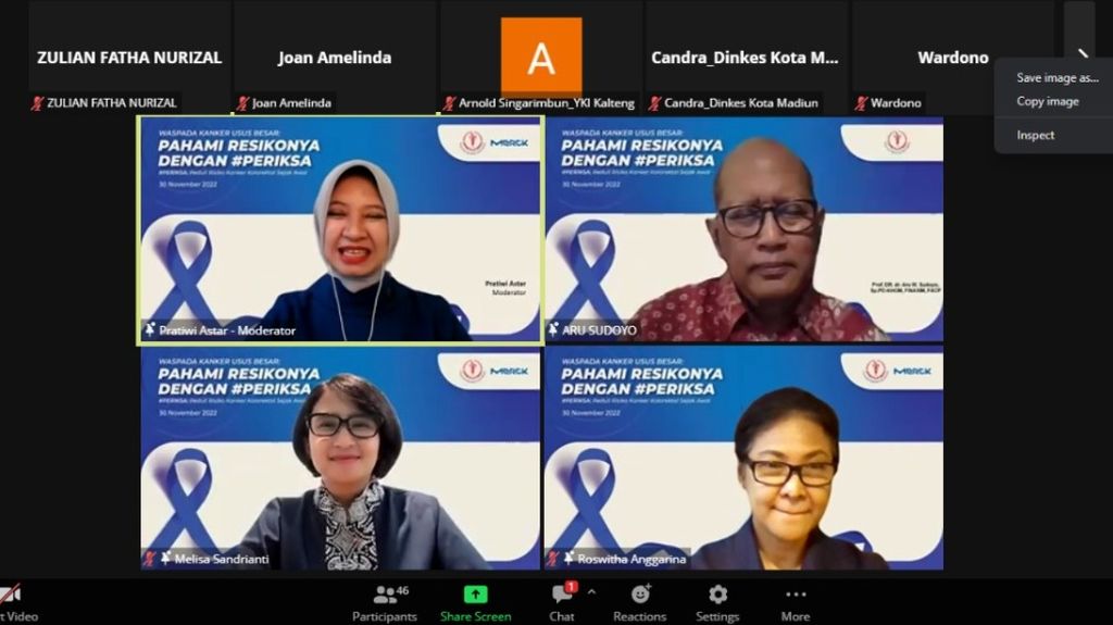  Suasana diskusi daring bertajuk ”Waspada Kanker Kolorektal: Pahami Resikonya dengan #PERIKSA”, Rabu (30/11/2022), melalui aplikasi Zoom.