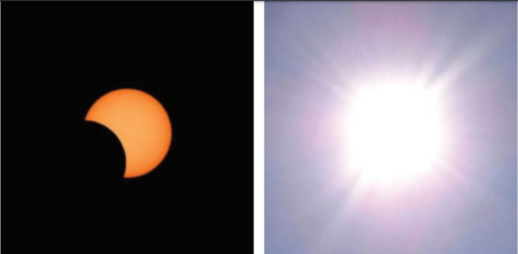 Gerhana Matahari sebagian (kiri) diamati dengan menggunakan bantuan filter atau kacamata gerhana. Tanpa bantuan alat tersebut, Matahari yang sedang tergerhanai akan sulit dibedakan dengan kondisi normal (kanan).