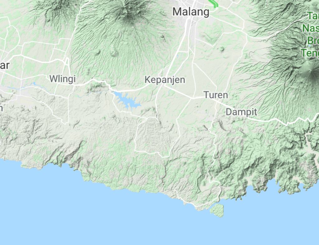 Tangkapan layar peta wilayah Kabupaten Malang, Jawa Timur, yang berada di tepi Samudra Hindia.