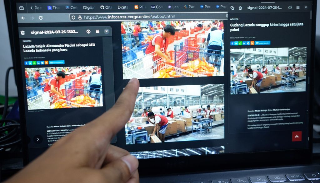 <i>Kompas </i>menyandingkan sejumlah foto dari situs perusahaan fiktif beralamat tautan infocarrer-cergo.online dengan sumber foto asli dari arsip pemberitaan kontan.co.id, Rabu (21/8/2024). Perusahaan fiktif itu diketahui mencatut berbagai foto di internet, salah satunya dari sumber berita daring.