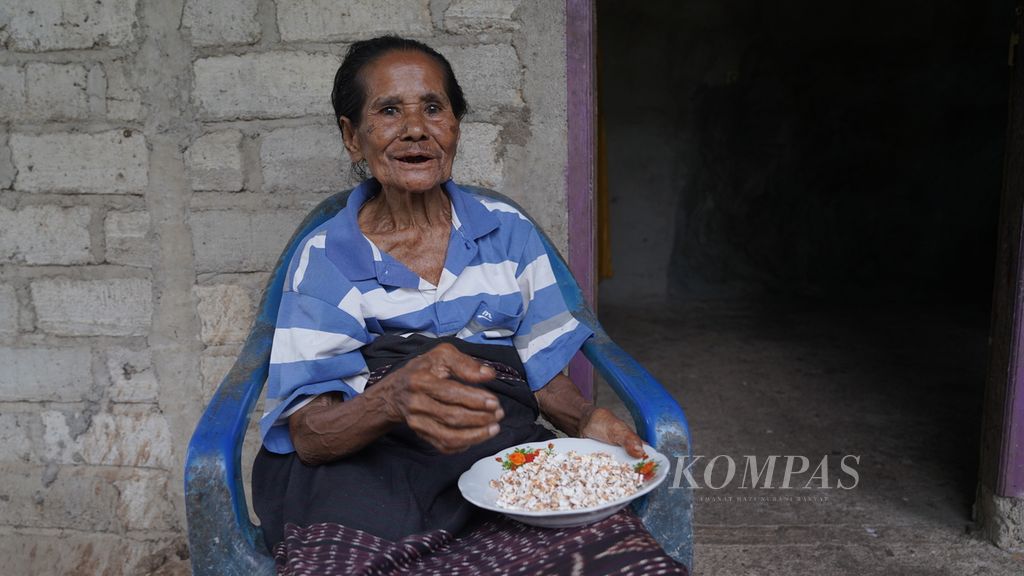 Kristina Lolon (80) mengonsumsi leye di Desa Hoelea, Kecamatan Omesuri, Kabupaten Lembata, Nusa Tenggara Timur, Minggu (13/8/2023). Leye merupakan makanan jenis sorgum. Bijinya disangrai kemudian dipipih. Rasanya tawar. Leye menjadi cadangan makanan di tengah menurunnya produksi beras dan jagung akibat perubahan iklim. 