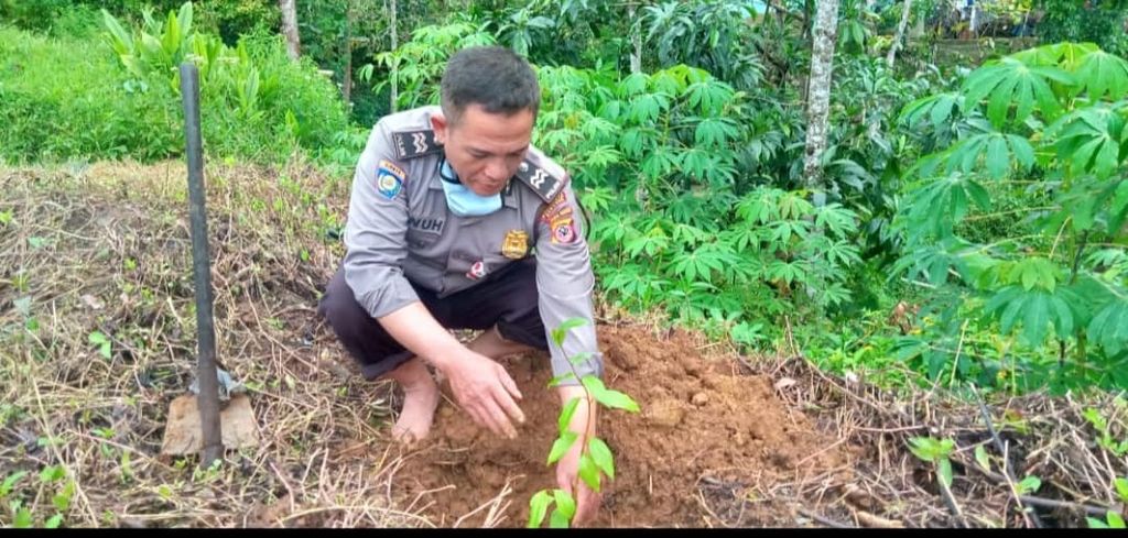 Foto yang diunggah pada Februari 2021 di Facebook Aiptu Nunuh Sutisna menunjukkan saat Nunuh ikut menanam bibit pohon di Ciamis, Jawa Barat. Anggota Polri ini aktif menggerakkan penanaman pohon serta pelestarian lingkungan hidup di sejumlah daerah di Jawa Barat.