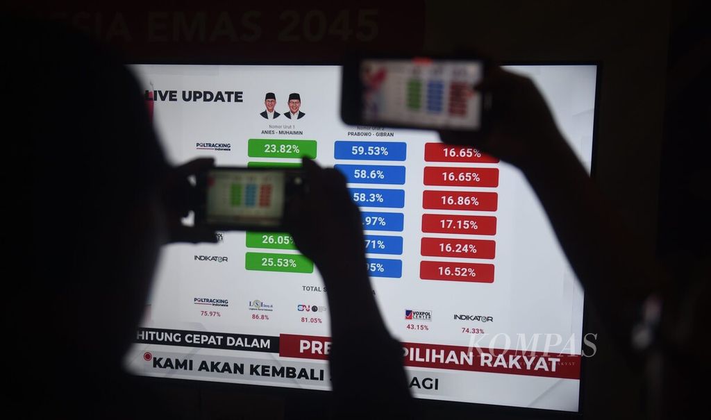 Pendukung merekam hasil hitung cepat Pemilu 2024 di Kantor Tim Kampanye Daerah Jawa Timur Prabowo-Gibran, Surabaya, Rabu (14/2/2024). Dari hasil hitung cepat beberapa lembaga survei, pasangan Capres-Cawapres nomor 2, Prabowo Subianto-Gibran Rakabuming Raka, unggul. Dewan Pengarah dan Juru Kampanye Nasional (Jurkamnas) Khofifah Indar Parawansa hadir untuk tumpengan. Sejumlah pendukung juga melakukan cukur rambut menandai kemenangan tersebut.