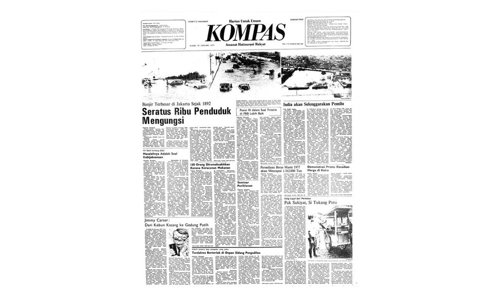 Berita terkait banjir besar di Jakarta pada tahun 1977 dengan judul "Banjir Terbesar di Jakarta Sejak 1892: Seratus Ribu Penduduk Mengungsi" yang terbit di Harian Kompas, edisi Kamis, 20 Januari 1977.