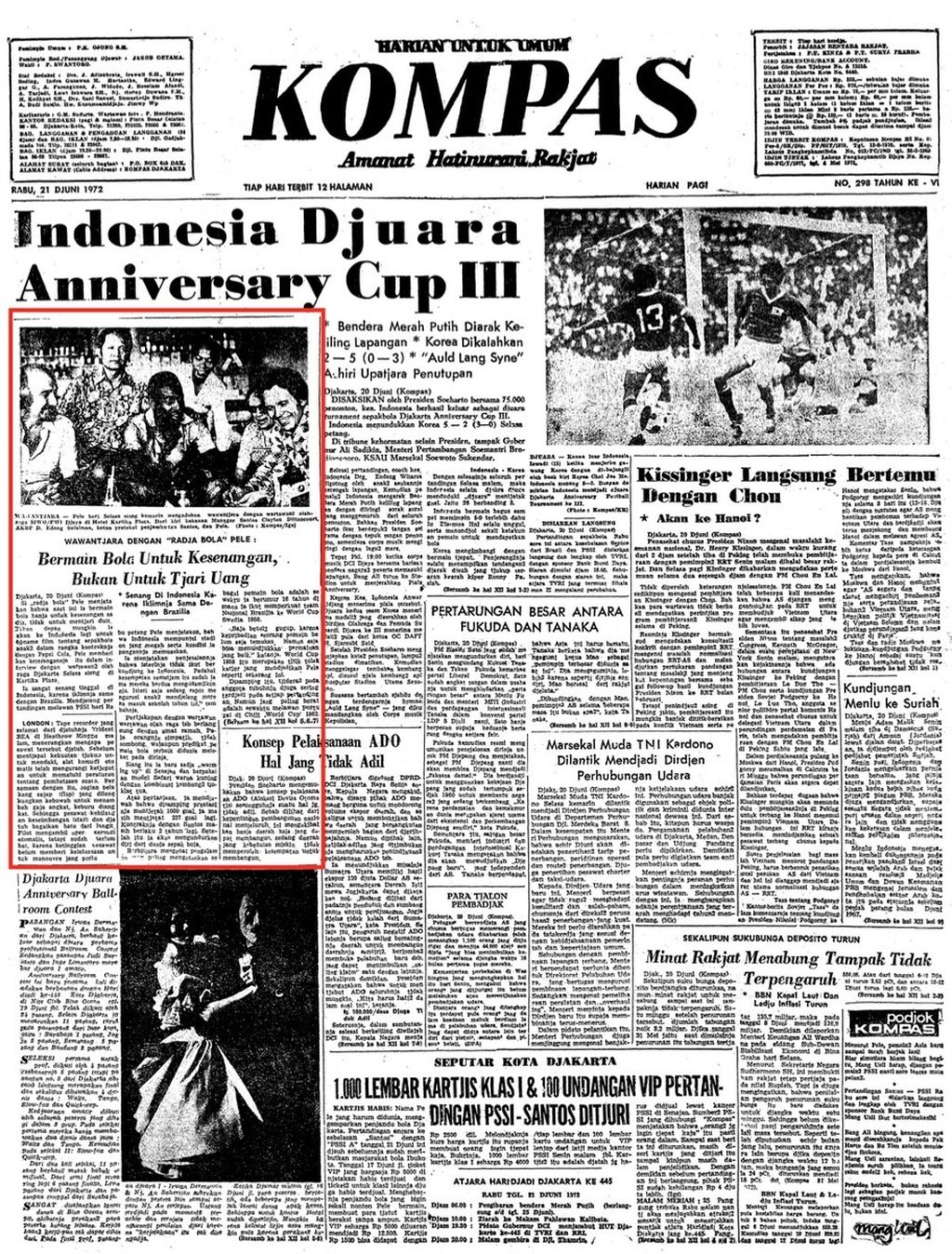 Tampilan halaman muka "Kompas" edisi, Rabu, 21 Juni 1972, yang menerbitkan berita tentang wawancara dengan Pele di sela kunjungan Santos ke Jakarta.
