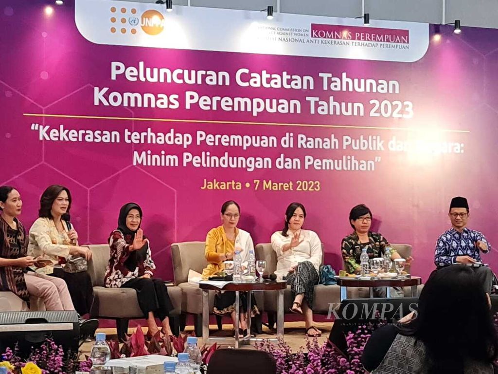 Suasana Peluncuran Catatan Tahunan (Catahu) Komnas Perempuan 2023, Selasa (7/3/2023), di Hotel Santika Premier, Hayam Wuruk, Jakarta.