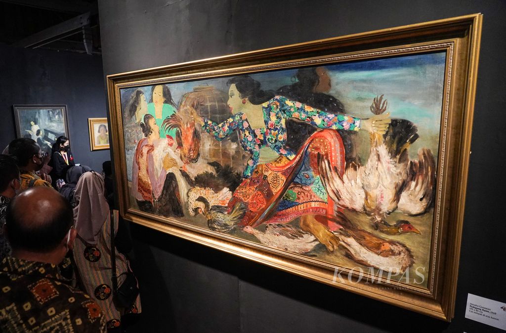 Lukisan karya maestro Hendra Gunawan berjudul Pedagang Ayam dipamerkan dalam acara peringatan 40 Tahun Bentara Budaya di Bentara Budaya Jakarta, Jakarta, Senin (26/9/2022). 