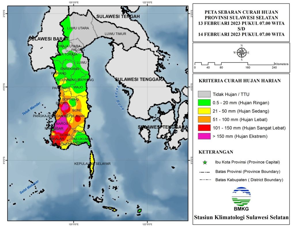 Infografik prakiraan cuaca di wilayah Sulsel yang dirilis BMKG Wilayah IV Makassar, Selasa (14/2/2023).