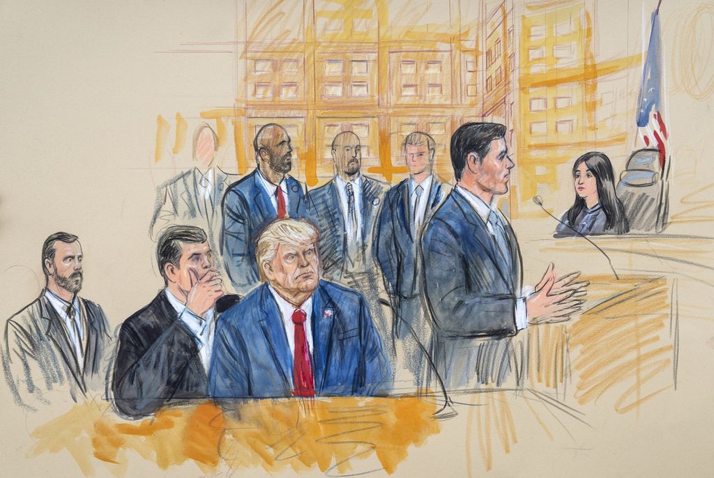 Sketsa ini menggambarkan mantan Presiden Amerika Serikat Donald Trump (tengah) berunding dengan pengacara pembela Todd Blanche (kiri) selama di Gedung Pengadilan Federal di Washington, AS, Kamis (3/8/2023), saat pengacara pembela Trump, John Lauro, menghadapi Hakim Moxila Upadhyaya. 