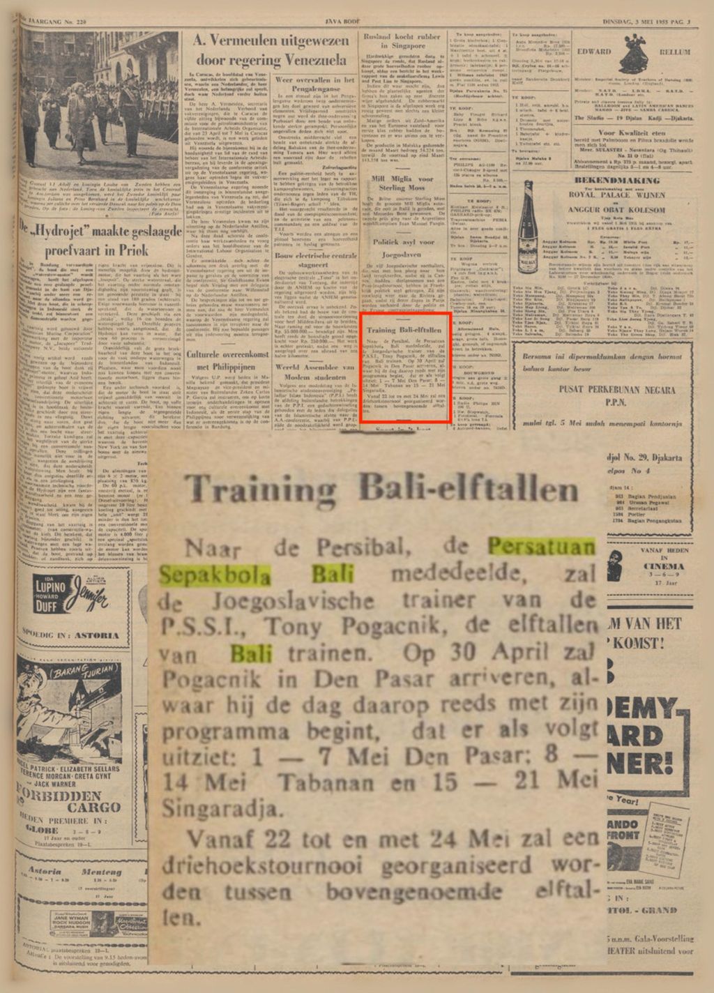 Tampilan halaman tiga koran berbahasa Belanda, <i>Java-bode</i>, edisi 3 Mei 1955, tentang aktivitas Pelatih Timnas Indonesia periode 1950-an Tony Pogacnik yang memberikan pelatihan sepak bola di Bali.