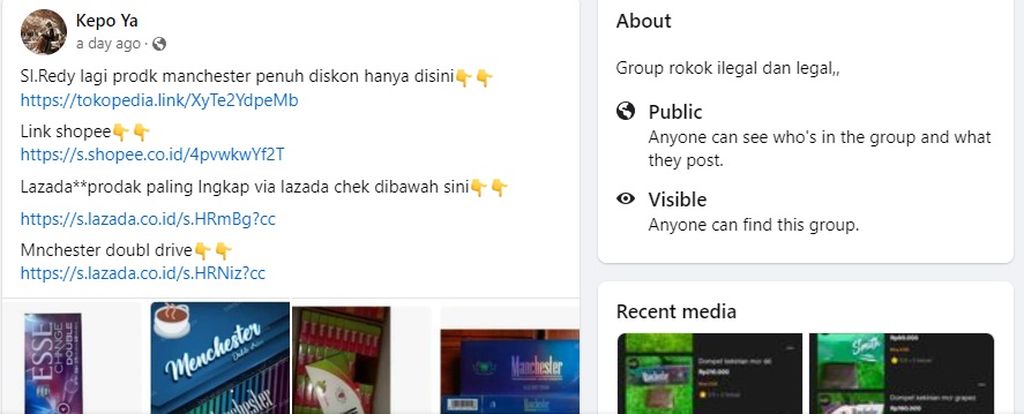 Rokok ilegal yang dijual di lokapasar seperti Tokopedia, Shopee, dan Lazada dipromosikan lewat grup media sosial Facebook. Penjual mencantumkan pranala toko daring mereka sehingga pembeli bisa transaksi di sana.