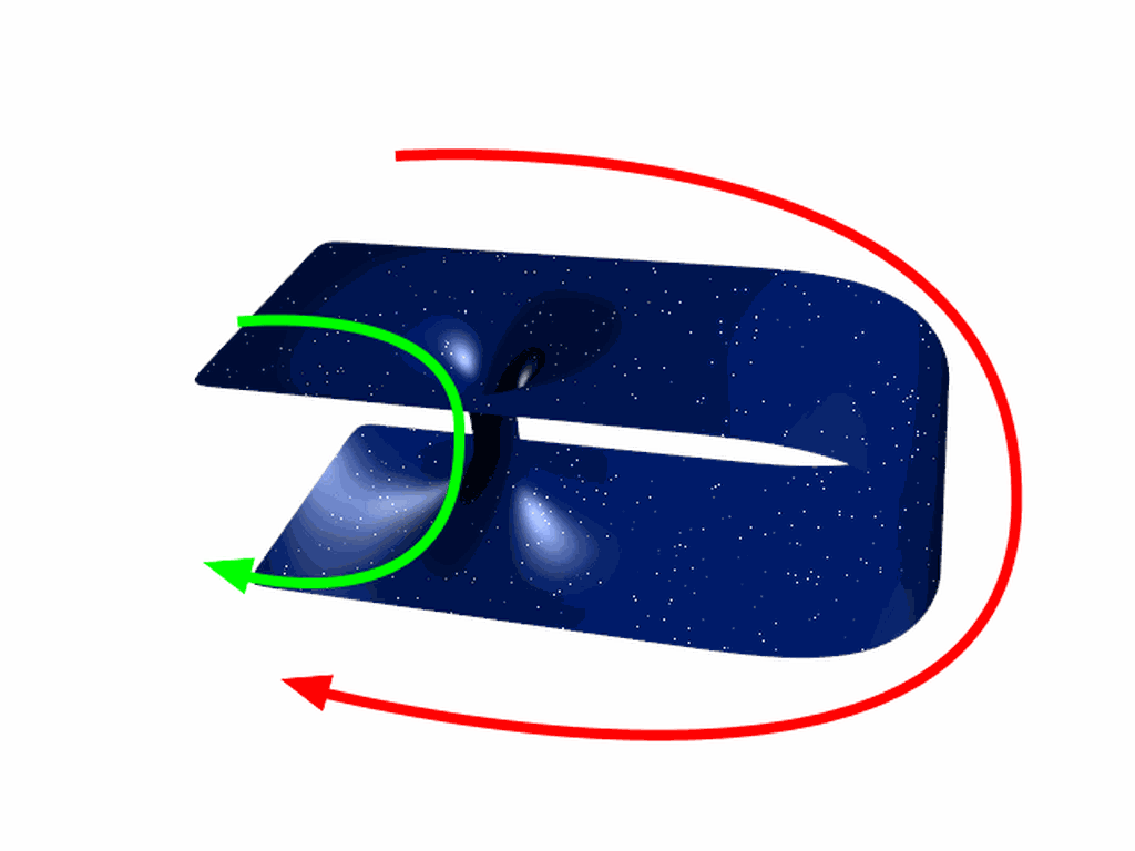 Konsep dua dimensi tentang pembentukan lubang cacing yang memperpendek perjalanan di alam semesta yang luas. Saat alam semesta dilekukkan, terbentuklah lubang cacing sehingga perjalanan normal yang panjang (garis merah) bisa dipangkas menjadi jauh lebih pendek (garis hijau).