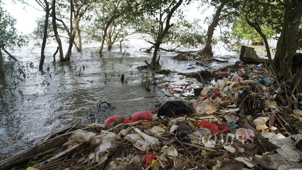 Sampah di pesisir di Desa Pantai Mekar, Kecamatan Muaragembong, Kabupaten Bekasi, Jawa Barat, akhir Oktober 2022. 