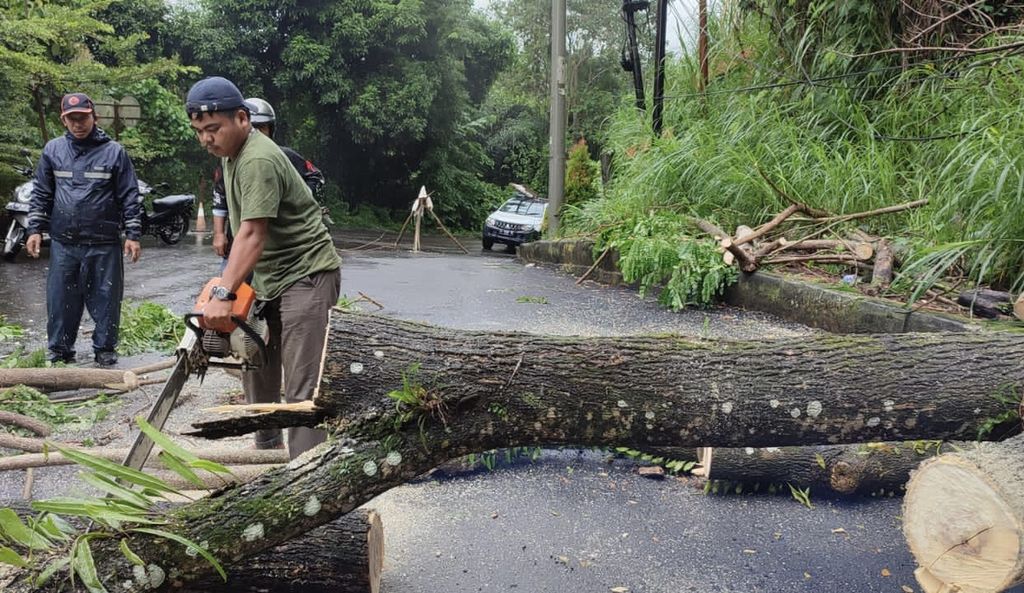Warga memotong batang pohon yang tumbang dan menghalangi jalan poros Enrekang-Toraja di Kabupaten Enrekang, Sulsel, Sabtu (24/12/2022).