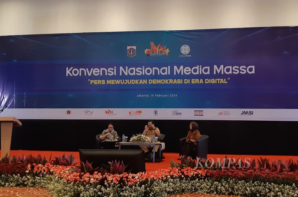 Suasana Konvensi Nasional Media Massa: Pers Mewujudkan Demokrasi di Era Digital pada peringatan Hari Pers Nasional (HPN) di Jakarta, Senin (19/2/2024).