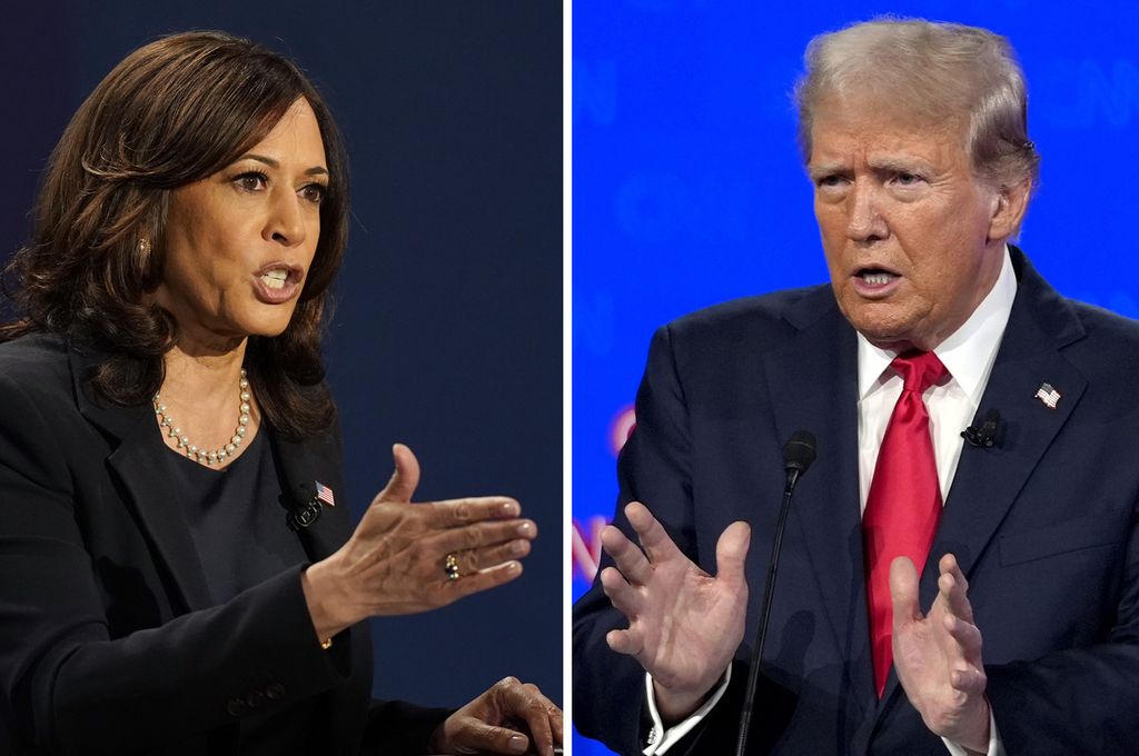 Gabungan foto Wakil Presiden yang juga kandidat presiden dari Partai Demokrat, Kamala Harris, tanggal 7 Oktober 2020 dan mantan presiden yang juga kandidat presiden dari Partai Republik, Donald Trump, tanggal 27 Juni 2024. 