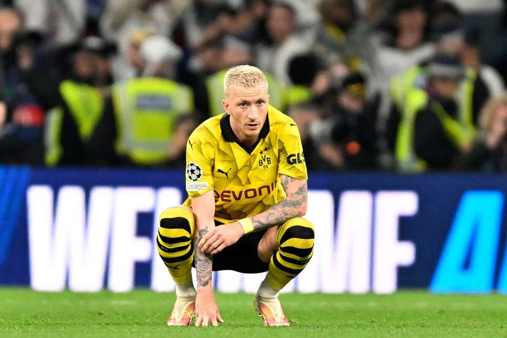 Ekspresi gelandang Borussia Dortmund, Marco Reus, setelah laga final Liga Champions antara Borussia Dortmund dan Real Madrid di Stadion Wembley, Minggu (2/6/2024) dini hari WIB. Real Madrid mengalahkan Borussia Dortmund, 2-0. 