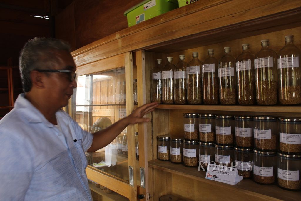Direktur Borneo Institute Yanedi Jagau menunjukkan rumah benih milik masyarakat yang merupakan tempat penyimpanan benih di Tumbang Samui, Kabupaten Gunung Mas, Kalteng, pada Minggu (25/9/2022).