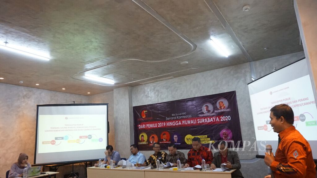 Suasana penyampaian hasil jajak pendapat oleh Surabaya Survey Center tentang Pemilihan Umum 2019 dan Pemilihan Wali Kota Surabaya 2020.