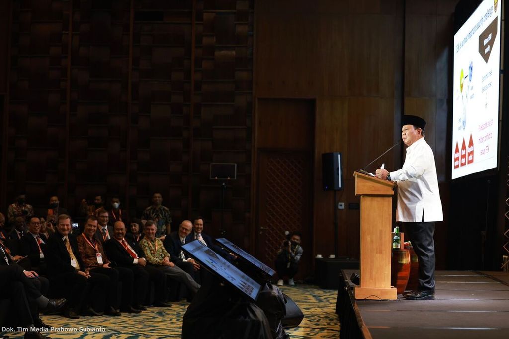 Menteri Pertahanan Prabowo Subianto saat berbicara dalam forum Keamanan Pangan Global yang digelar pada Minggu (13/11/2022) di Nusa Dua, Bali. 