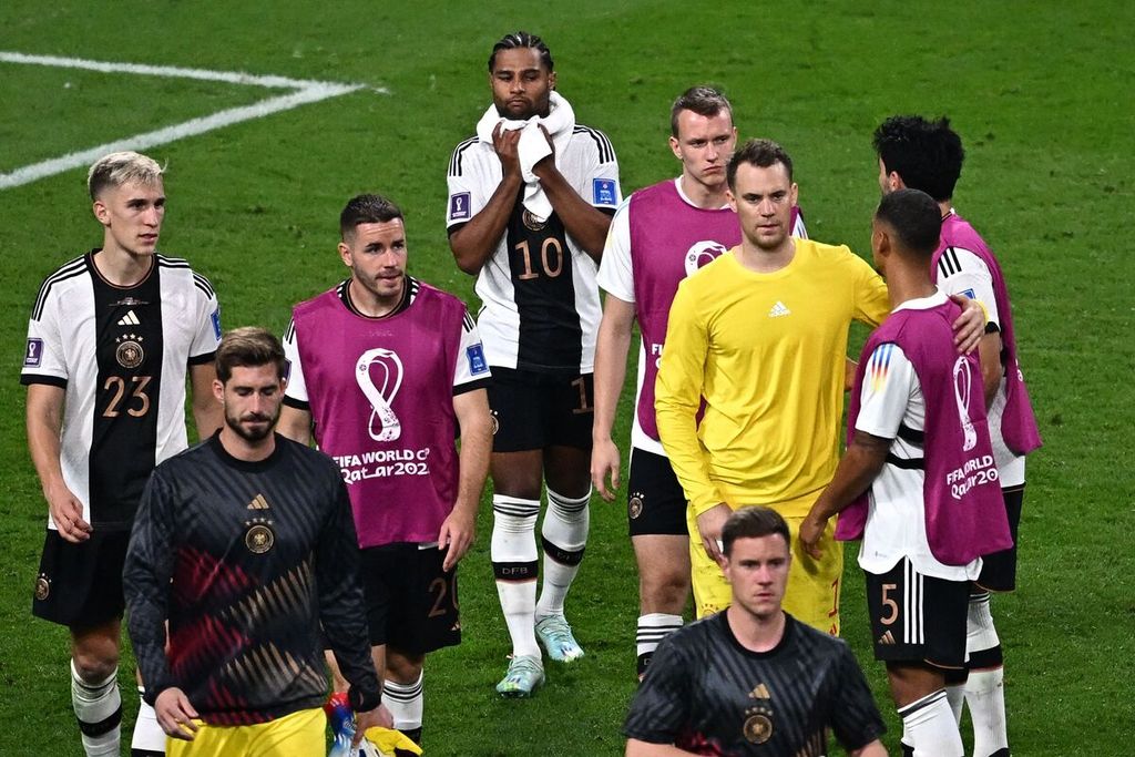 Reaksi para pemain Jerman setelah dikalahkan Jepang, 1-2, pada laga pertama Grup E Piala Dunia Qatar 2022 di Stadion Internasional Khalifa, Doha, 23 November 2022. Jerman akan menghadapi Spanyol pada laga kedua di Stadion Al Bayt, Al Khor, Senin (28/11/2022) dini hari WIB.