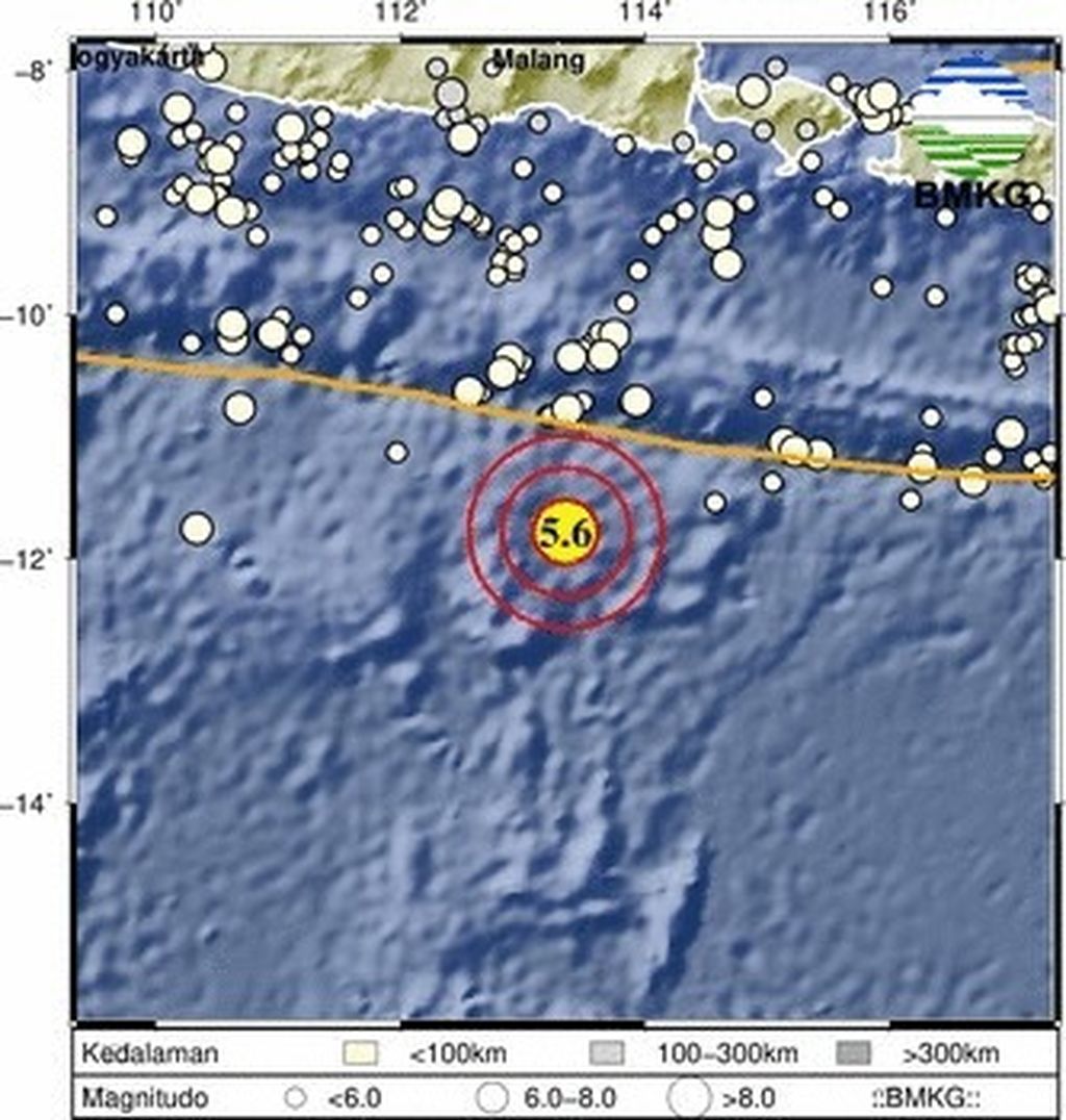 Lokasi gempa bumi bermagnitudo 5,6 yang guncangannya turut dirasakan hingga Mataram, Nusa Tenggara Barat, Sabtu (27/1/2024).
