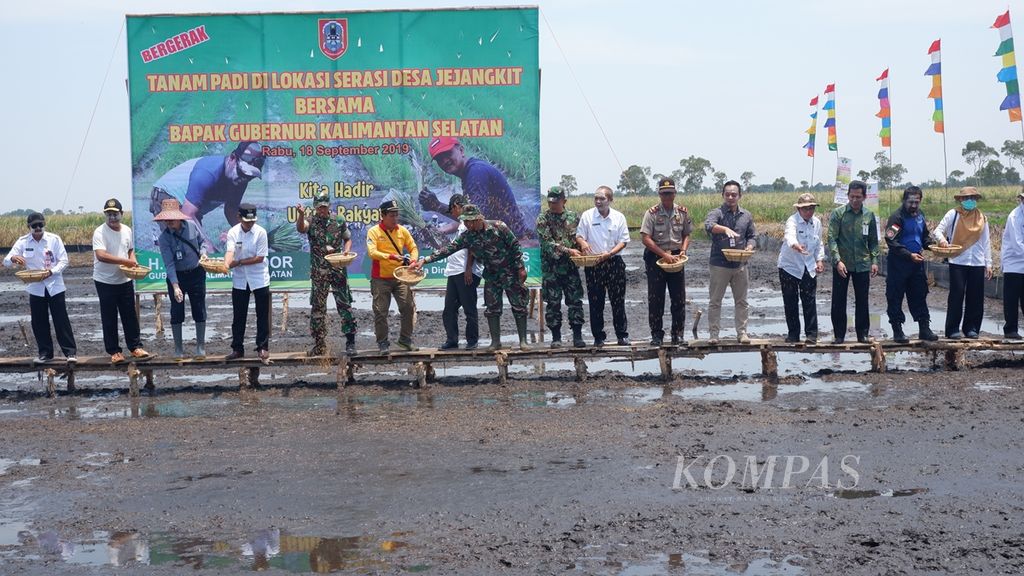Kegiatan tanam padi dengan sistem tabur benih langsung di Jejangkit, Barito Kuala, Kalimantan Selatan, Rabu (18/9/2019).