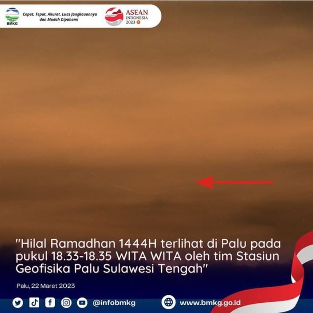 Citra hilal awal bulan Ramadhan 1444 Hijriah (perhatikan panah merah) yang diperoleh tim Stasiun Geofisika Palu, Sulawesi Tengah, pada Rabu (22/3/2023) pukul 18.33-18.35 Wita.