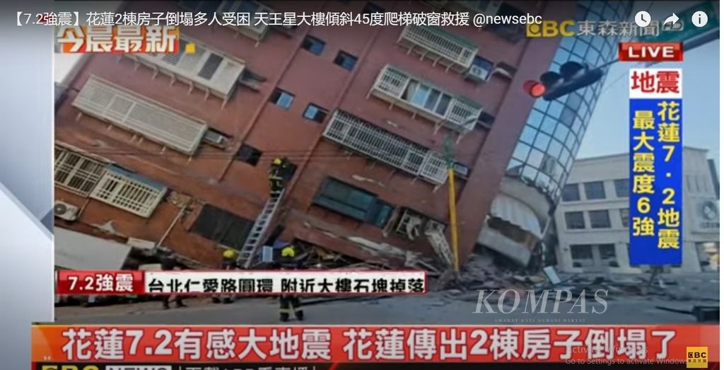 Tangkapan layar dari CBC TV Taiwan menunjukkan dampak gempa di Hualien, Taiwan pada Rabu (3/4/2024)