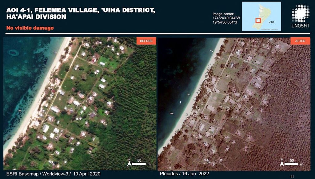 Foto kombinasi dari citra satelit yang dirilis oleh the United Nations Institute for Training and Research (UNITAR) pada Senin (17/1/2022) memperlihatkan  citra satelit ESRI Basemap yang diambil pada 19 April 2020 di atas wilayah Ha'apai, Tonga (kiri), dan citra satelit yang diambil pada Minggu (16/1/2022) oleh CNES/Airbus DS (kanan). Citra satelit kedua diambil setelah erupsi gunung berapi bawah laut Hunga Tonga-Hunga Haapai.