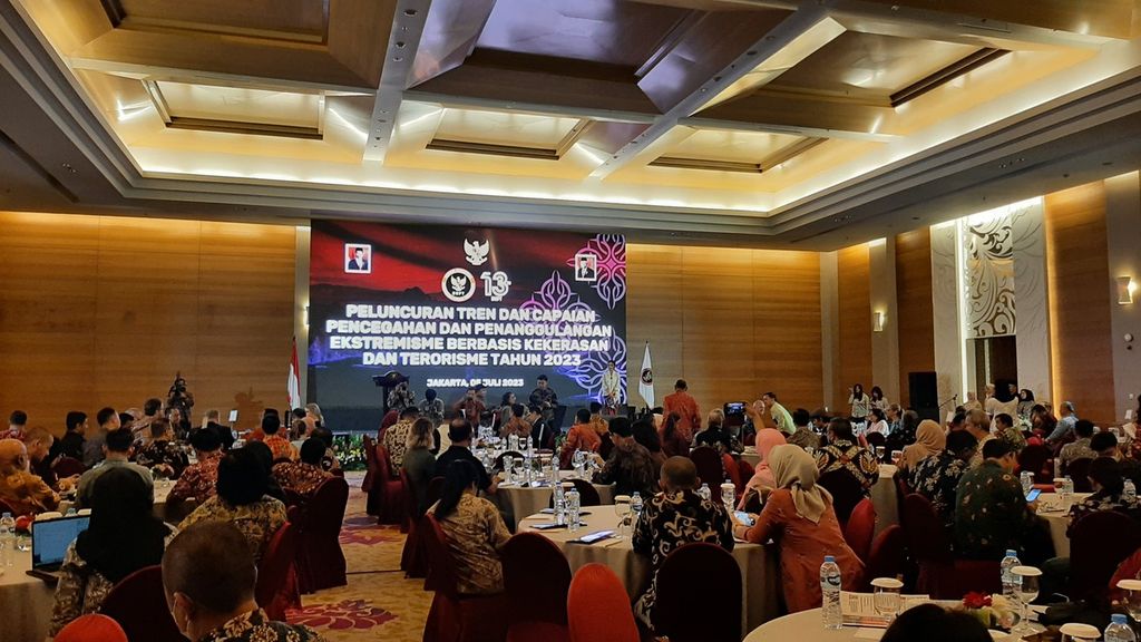 Peserta dalam acara Peluncuran Tren dan Capaian Pencegahan dan Penanggulangan Ekstremisme Berbasis Kekerasan yang Mengarah pada Terorisme Tahun 2023, di Jakarta, Rabu (5/7/2023).