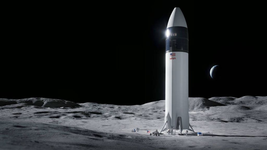 Ilustrasi wahana pendarat manusia di Bulan milik SpaceX yang dinamai Starship. Wahana ini akan mendaratkan antariksawan Badan Penerbangan dan Antariksa Nasional Amerika Serikat (NASA) di permukaan Bulan dan membawa mereka kembali ke Bumi melalui program Artemis.
