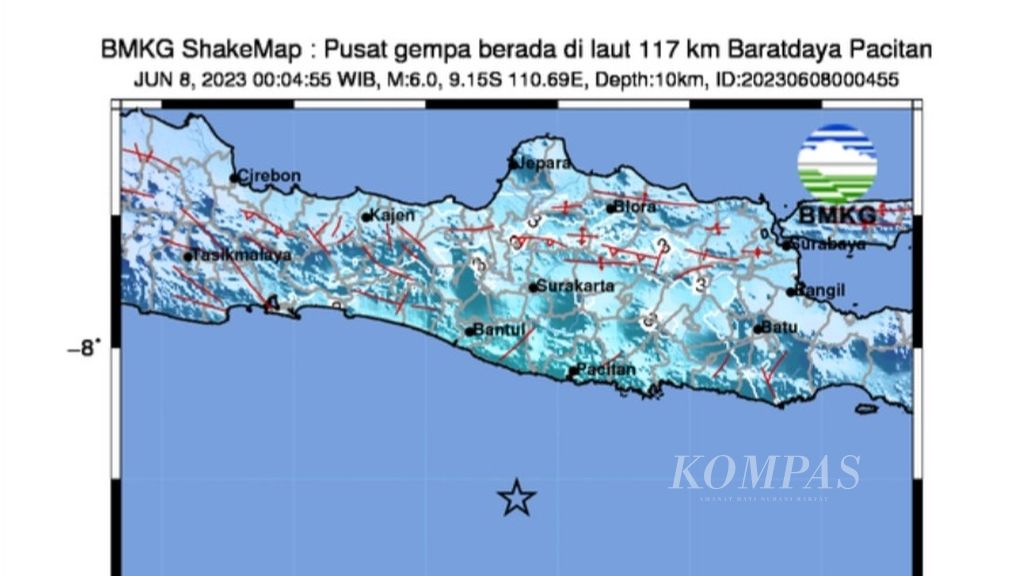 Tangkapan layar dari laman Badan Meteorologi, Klimatologi, dan Geofisika terkait gempa bumi M6 yang terjadi di barat daya Pacitan atau selatan DI Yogyakarta, Rabu (8/6/2023) dini hari.