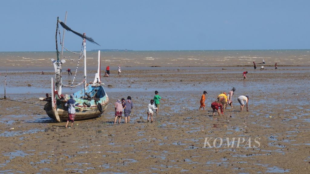  Suasana warga Aeng Panas, Sumenep, Pulau Madura, Jawa Timur, turun ke pantai yang surut untuk mencari kerang, udang, kepiting, atau ikan, Minggu (24/7/2022).  