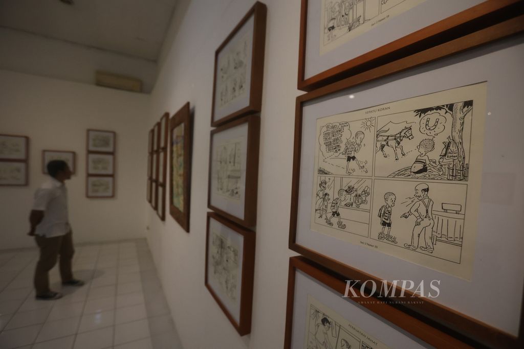 Beberapa kartun yang ditampilkan dalam Pameran Gambar Lelucon Goei Kwat Siong: Erica Bercanda Bersama Si A Piao di Bentara Budaya Yogyakarta, Kotabaru, Yogyakarta, Rabu (22/2/2023). 