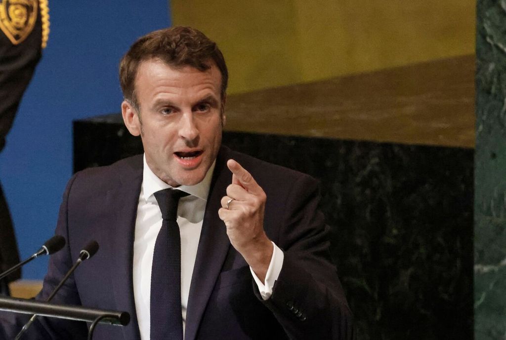 Presiden Perancis Emmanuel Macron berbicara dalam Sidang Majelis Umum Perserikatan Bangsa-Bangsa di New York, Amerika Serikat, 20 September 2022.