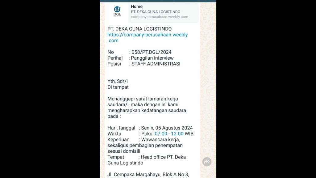 Tangkapan layar panggilan wawancara kerja kepada Susi. Nama perusahaan diduga fiktif.