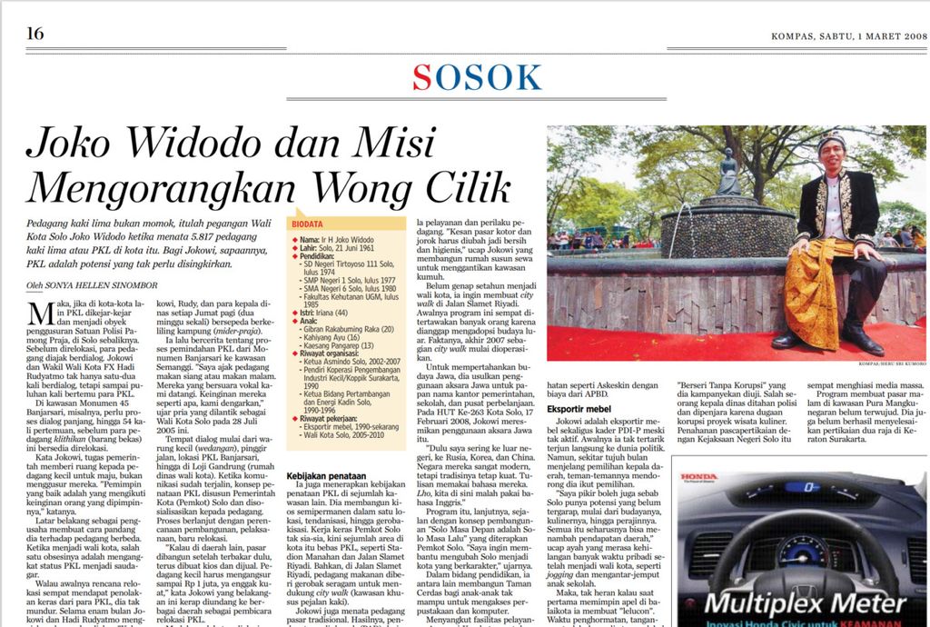Artikel profil Joko Widodo saat menjadi Wali Kota Surakarta dimuat di harian <i>Kompas </i>edisi 1 Maret 2008.