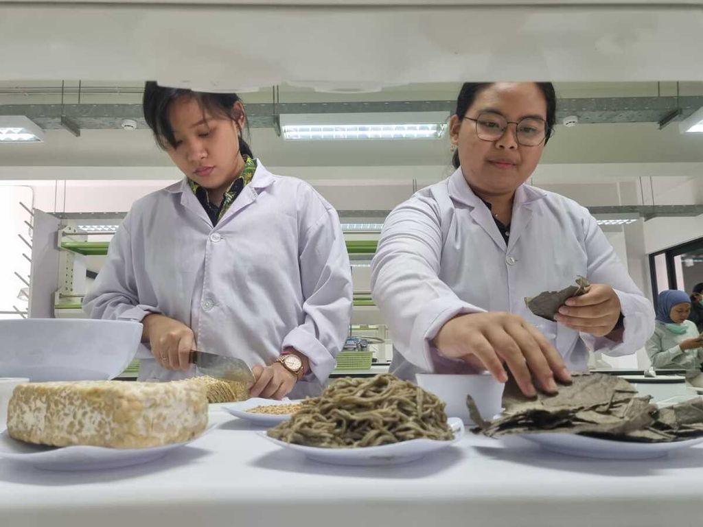 Victoria Diana Indah Lestari (kanan) dan, Audrey Layana Tjahyadi (kiri) saat berada di laboratorium Universitas Surabata di Jawa Timur pada Desember 2021. Mereka sedang mencoba membuat Mie Tebak, mie berprotein dari terigu, tempe dan daun sengkubak.