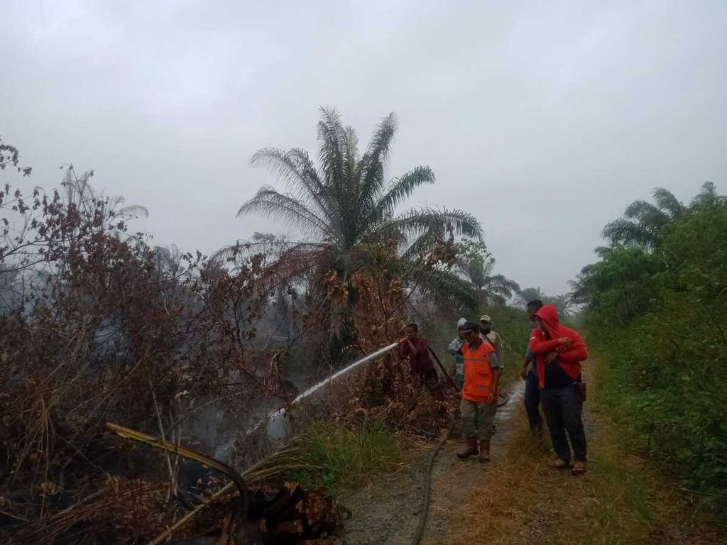 Pemadam menyirami titik asap di lahan gambut yang terbakar di Kecamatan Darul Makmur, Kabupaten Nagan Raya, Aceh, Rabu (1/6/2022). Kebakaran lahan gambut pada musim panas terus berulang di kabupaten itu.