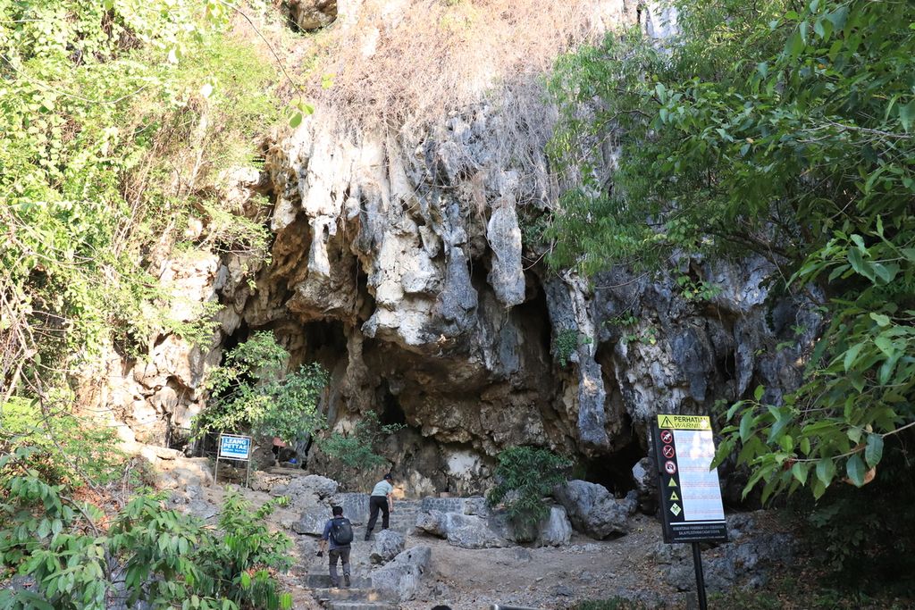 Petugas memeriksa kondisi Goa Pettae di Kawasan Karst Maros-Pangkep, Taman Nasional Bantimurung-Bulusaraung, Kabupaten Maros, Sulawesi Selatan, pada Senin (9/10/2023). 